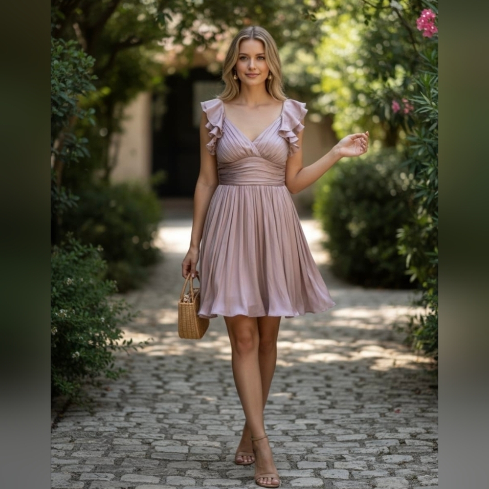 Dreamy Satin Ruffle Mini Dress | V-Neck Ruched Bodice